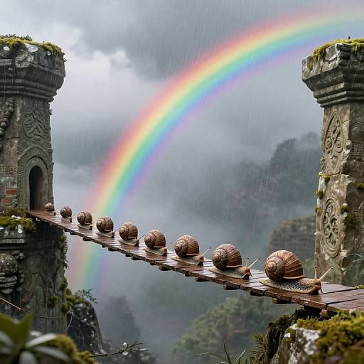 Photograph of a misty, mountainous landscape with a rainbow arching over ancient, moss-covered stone towers and a wooden bridge with spherical objects.