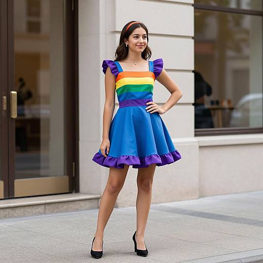 Photograph of a young woman with medium brown skin, dark brown hair, wearing a vibrant rainbow-striped dress with purple trim, blue skirt, and black