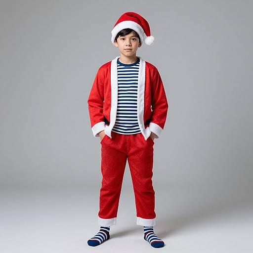 Photograph of a young boy wearing a red Santa outfit with a white-trimmed hat, navy and white striped shirt, and red pants, standing