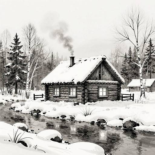 Cozy Snowy Cabin Ink Drawing