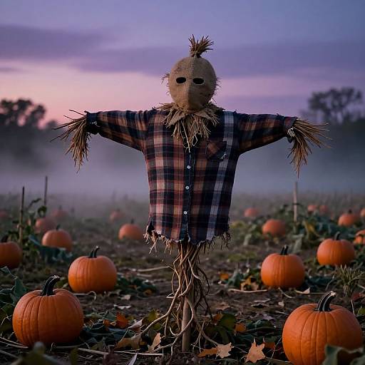 Photograph of a scarecrow in a plaid shirt, straw limbs, and pumpkin mask, standing in a foggy pumpkin field at sunset.