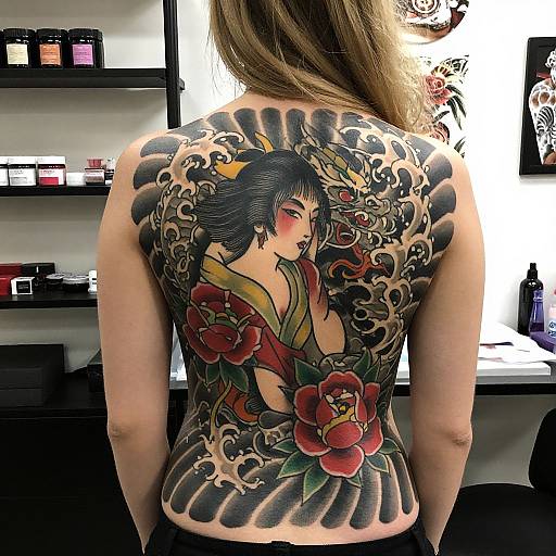 Tattooed woman with large, colorful back piece featuring Japanese woman with red flowers and waves, sitting in tattoo studio.
