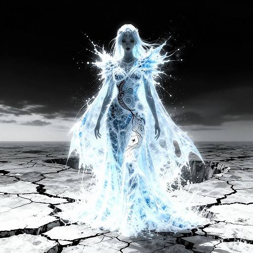 Digital artwork of a glowing, ethereal female figure with long, flowing light-blue hair and dress, standing on a cracked, dark landscape.