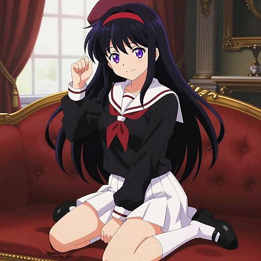 Anime-style digital illustration of a cute girl with long black hair, purple eyes, wearing a black sailor uniform and red headband, kneeling on a red