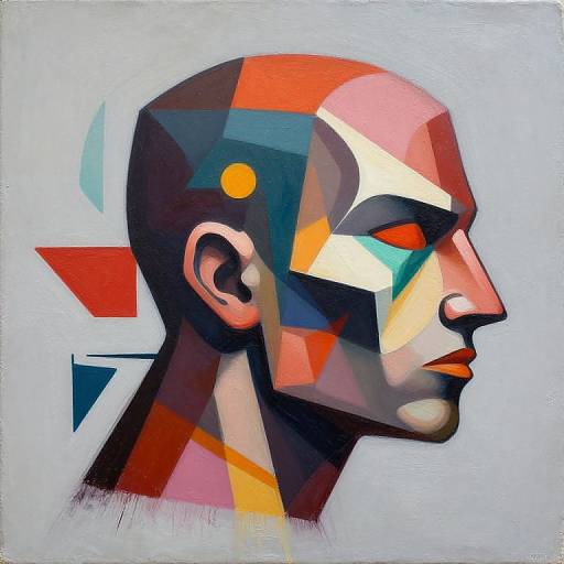Abstract geometric portrait of a bald male head in profile, using vibrant red, blue, yellow, and white shapes on a light gray background. Digital art