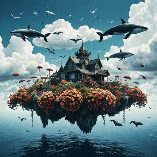 Floating Floral Island with Sky Whales