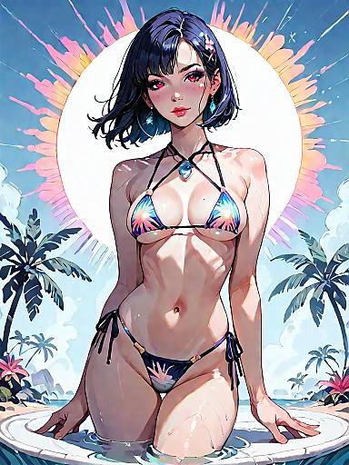 Anime Girl in Tropical Print Micro Bikini at Beach