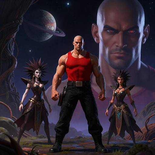 Muscular Hero in Otherworldly Fantasy Scene