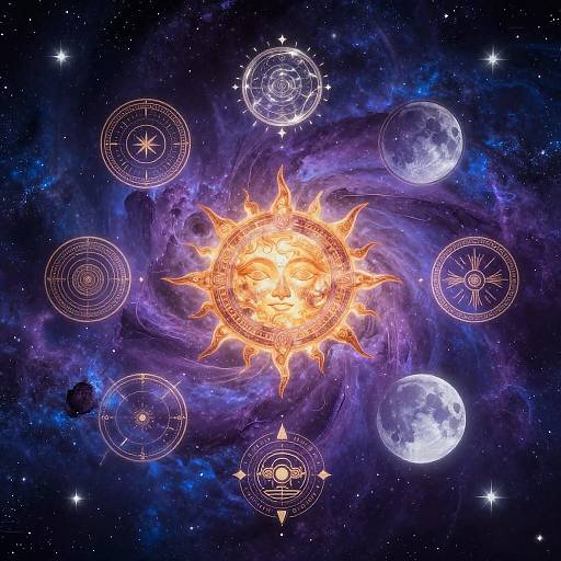 Digital artwork of a glowing, fiery sun at center surrounded by six celestial circles and planets in a dark, starry space. Purple nebula swirls