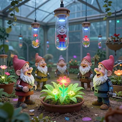 Photograph of five garden gnomes with red hats, white beards, and green clothes, gathered around a glowing fern plant in a greenhouse,