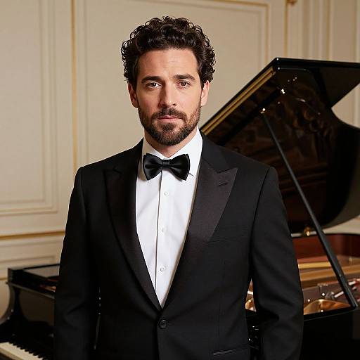 Photograph of a handsome, dark-haired man with a trimmed beard, wearing a black tuxedo, bow tie, and white shirt, standing in