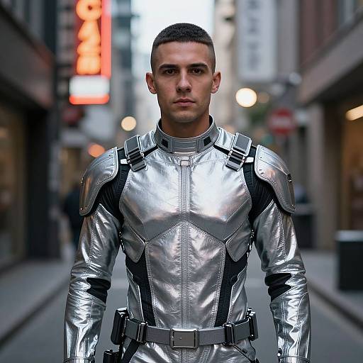 Photorealistic CGI of a young man with short black hair, wearing a shiny silver metallic superhero suit, standing in a blurred urban street at night.