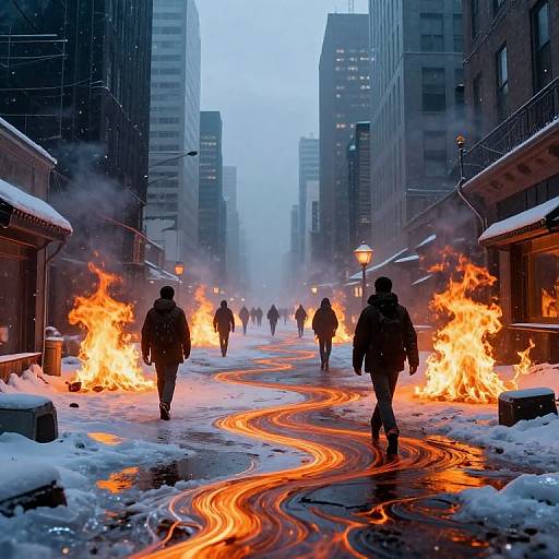 Photograph of a snowy city street with fiery flames on either side, glowing red hot lava-like liquid winding through the snow. Silhouetted figures