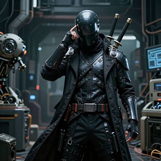Digital artwork of a futuristic, armored figure in black, glossy suit and helmet, with two swords on back, in a dark, tech-filled industrial environment