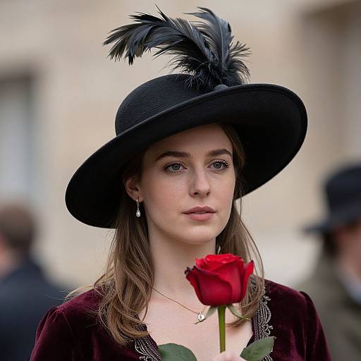 Photograph of a pale-skinned woman with brown hair wearing a black hat with a feather, holding a red rose, in a Victorian-style outfit,