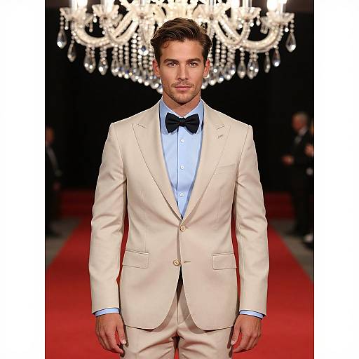 Photograph of a handsome man in a cream suit with black bow tie, standing on a red carpet, under a sparkling chandelier.
