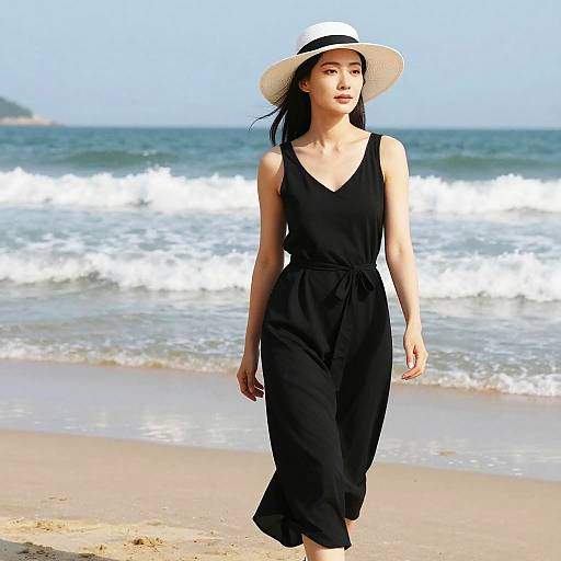 Photograph of an Asian woman with long black hair, wearing a black sleeveless romper and white sunhat, walking on a sunny beach with waves