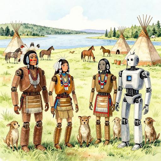 Native American Village with Humanoid Robots
