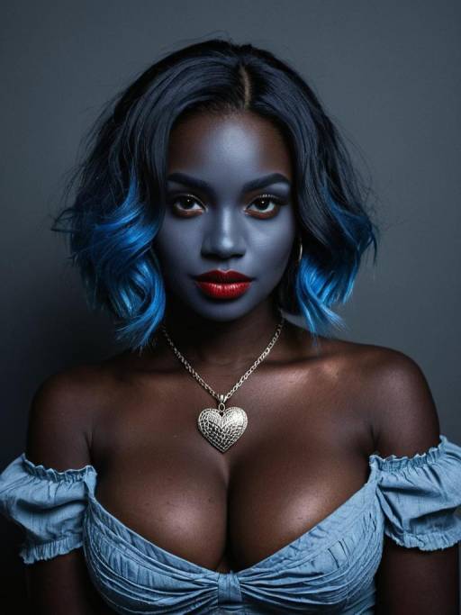 Portrait of Dark-Skinned Woman with Blue Hair and Heart Necklace