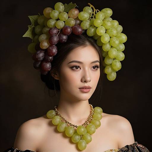 Photograph of an East Asian woman with fair skin, dark hair, wearing a grape headpiece and matching necklace, against a dark background.