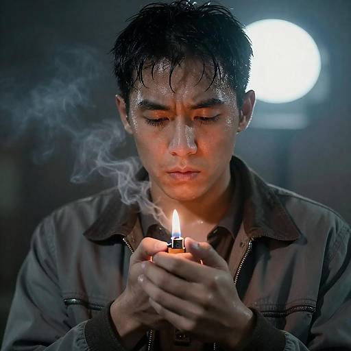 Man Lighting Lighter in Dim Light