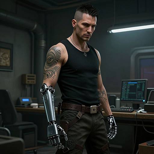 Cyberpunk male with black tank top, robotic arm, and glove, tattoos, dark hair, in dimly lit tech lab, standing confidently.