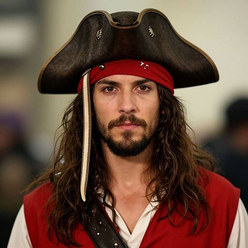Photograph of a serious-looking man with long brown hair, beard, and mustache, wearing a black tricorn hat, red headband, and