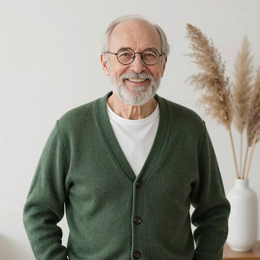 Photograph of an elderly man with a gray beard and glasses, wearing a green cardigan over a white shirt, smiling against a white background with dried