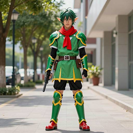 Young Male Cosplayer in Green Elf Armor