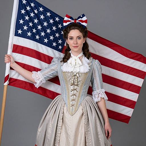 Photograph of a young woman with fair skin and brown curls, wearing an 18th-century blue and white dress with lace, holding an American flag