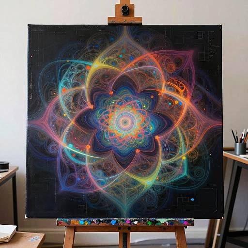 Vibrant digital abstract painting on an easel, featuring colorful, swirling, fractal-like patterns in hues of blue, orange, yellow, and