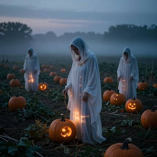 Photograph of three ghostly figures in white hooded robes, holding candles, standing among lit jack-o'-lanterns in a dark, mist