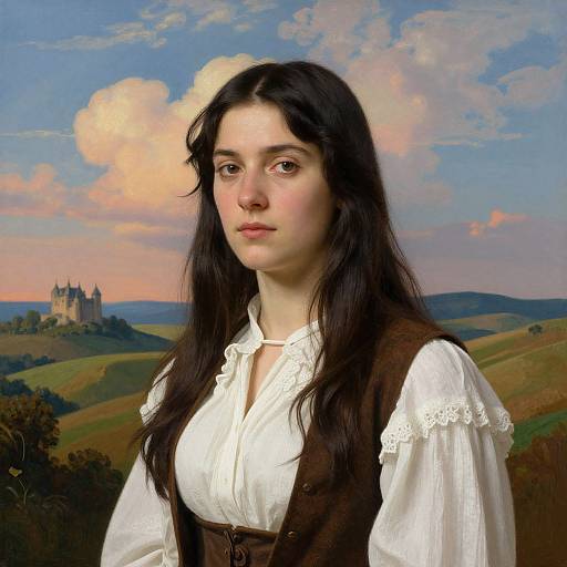 Digital painting of a young woman with long dark hair, wearing a white blouse and brown vest, against a picturesque countryside with a castle in the distance under