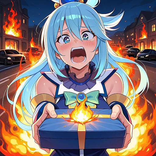 Anime Girl Screaming with Burning Gift at Night