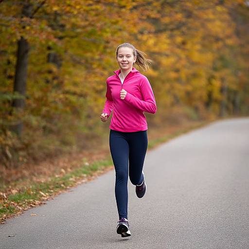 Photograph of a smiling young woman jogging on a paved road through a forest with autumn-colored leaves, wearing a pink jacket and black pants.