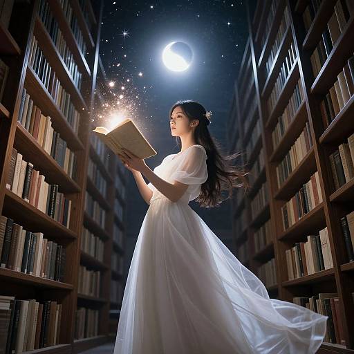 Photograph of an ethereal Asian woman in a flowing white dress, reading a glowing book in a moonlit library aisle.