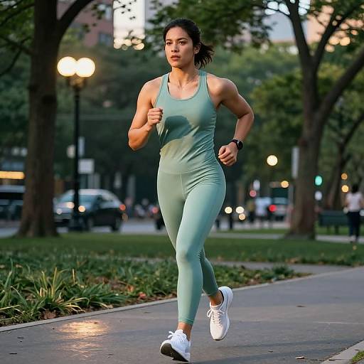 Photograph of a fit, muscular woman with long dark hair running in a green, form-fitting athletic outfit, white sneakers, and a black wrist