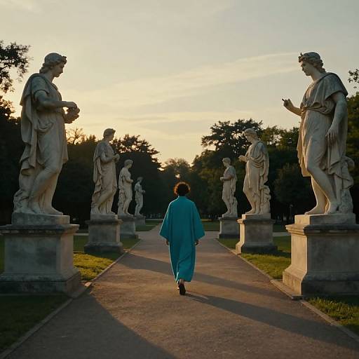 Photograph of a person in a blue robe walking down a path flanked by classical statues at sunset, with trees in the background.