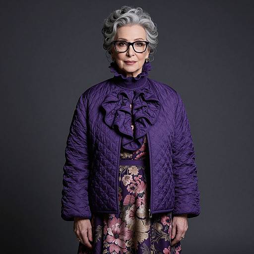 Photograph of an elderly woman with gray curly hair, black-rimmed glasses, wearing a purple quilted jacket over a floral dress, against a