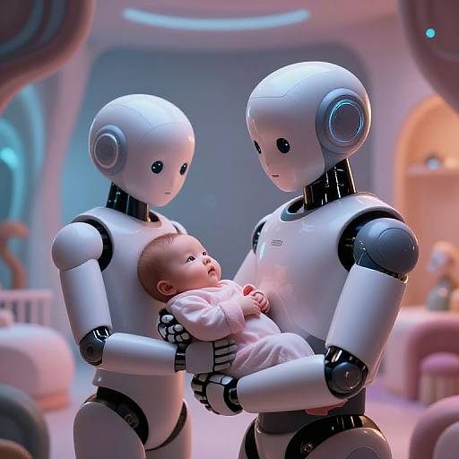 CGI image of two white humanoid robots with black joints, holding a baby in a pink onesie, in a softly-lit, futuristic room.