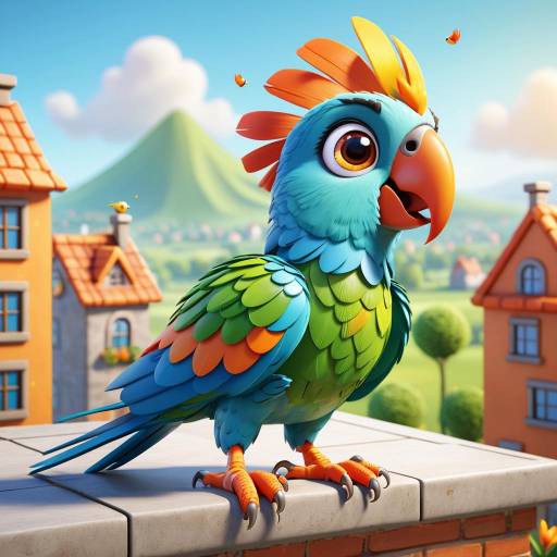 Charming 3D Cartoon Parrot on Rooftop