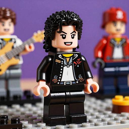 Photograph of LEGO minifigure with black curly hair, black leather jacket, white shirt, and black pants, standing in front of two blurred guitar