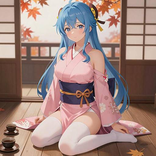 Anime Girl in Pink Kimono with Blue Hair