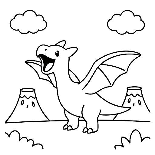 Black-and-white line drawing of a happy, open-mouthed dragon with wings, standing on a grassy field with two small mountains and two clouds in