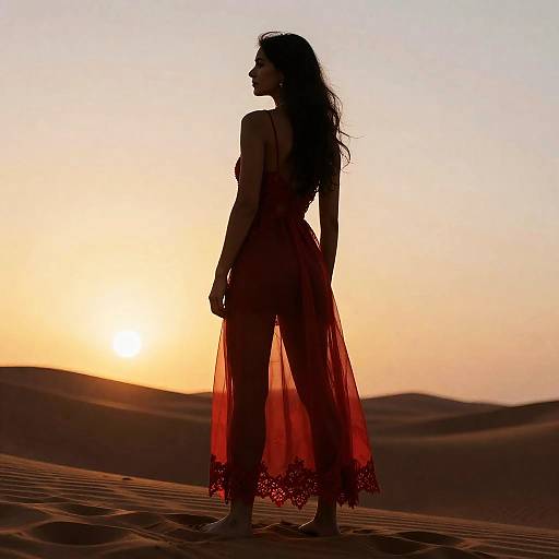 Silhouette in Sheer Red Dress at Desert Sunset
