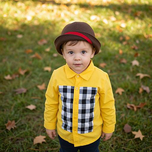 Photograph of a young boy with fair skin and brown hair, wearing a yellow shirt with black and white checkered pocket, brown hat with red band