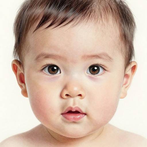Photograph of a close-up, Asian baby with fair skin, dark brown eyes, and short black hair, against a white background.