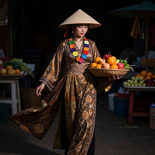 Elegant Vietnamese Woman in Market Scene