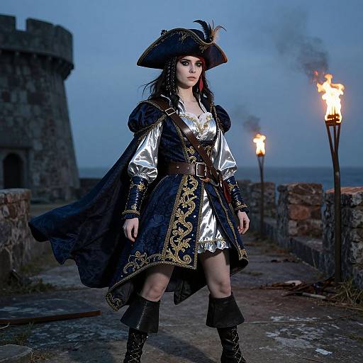 Photograph of a young woman in a silver and black pirate outfit with feathered hat, standing on a stone castle path at dusk, with torches