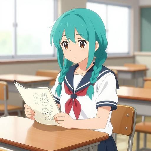 Anime-style drawing of a teal-haired girl with braids, wearing a white sailor uniform with red necktie, reading a sketch on a classroom desk.